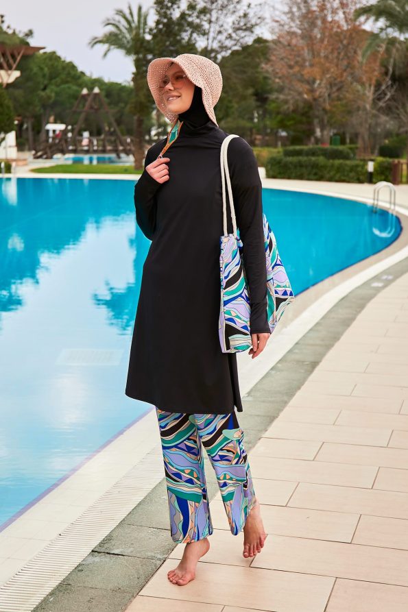 Black Patterned 4-Piece Lycra Full-Coverage Modest Swimwear