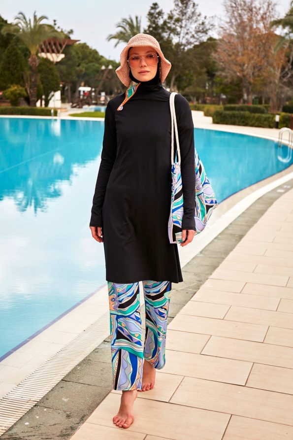 Black Patterned 4-Piece Lycra Full-Coverage Modest Swimwear