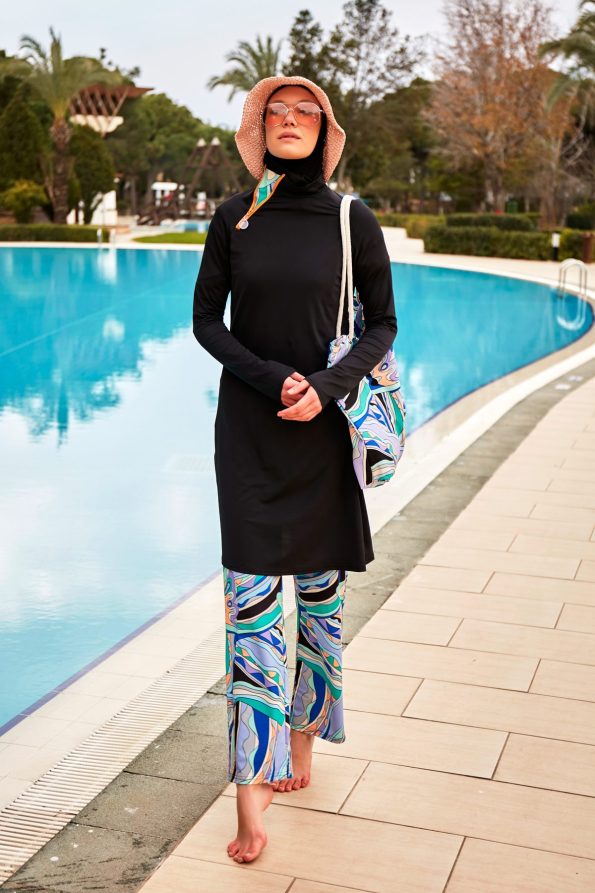 Black Patterned 4-Piece Lycra Full-Coverage Modest Swimwear