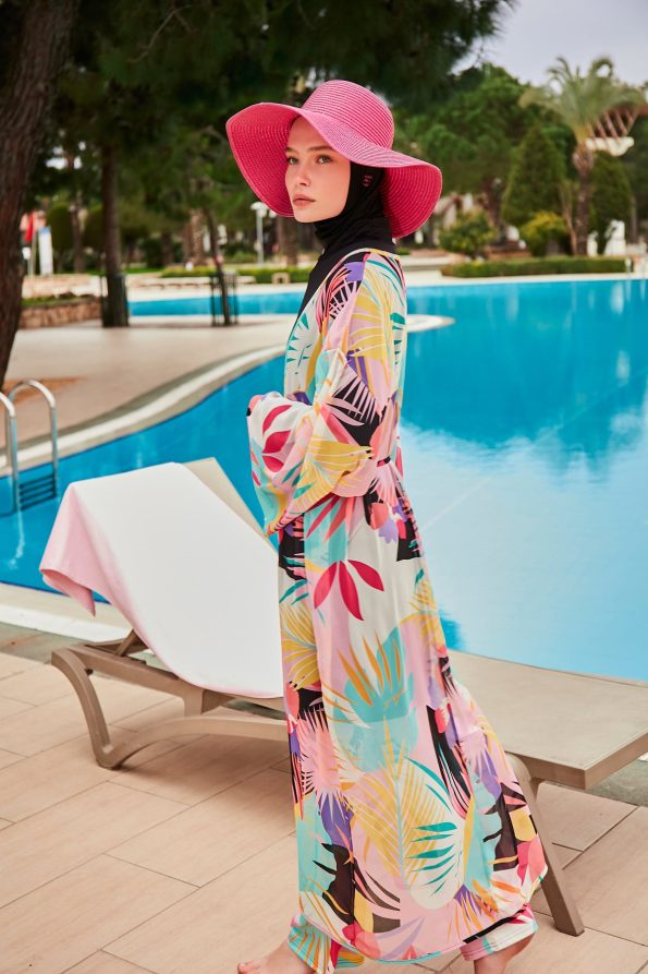 Black & Pink Patterned 4-Piece Lycra Full-Coverage Modest Swimwear