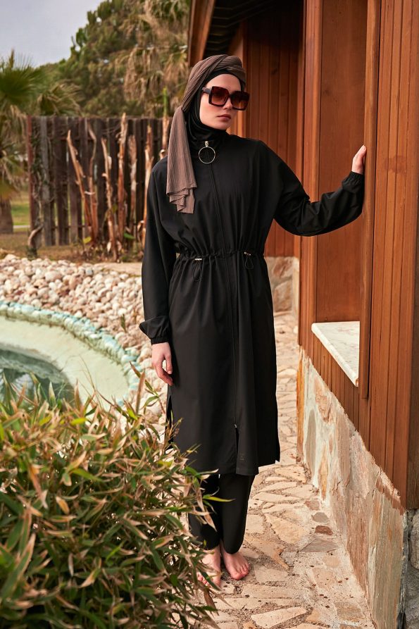Black Elegant Woven Full Burkini Swimwear