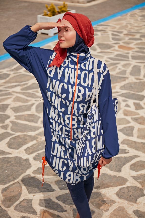 Patterned Blue 4-Piece Parachute Full-Coverage Modest Swimwear