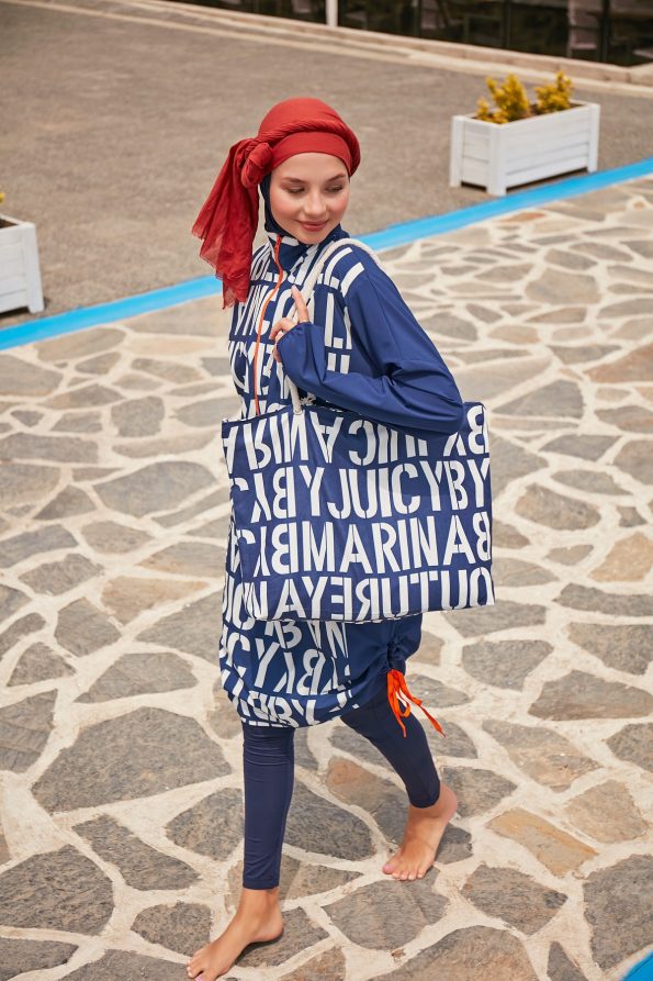 Patterned Blue 4-Piece Parachute Full-Coverage Modest Swimwear