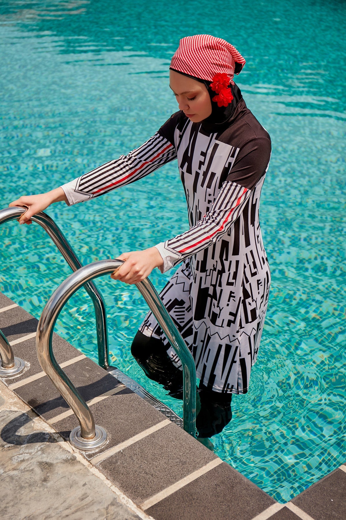 Black & White Parachute Full Burkini Swimwear with Hijab