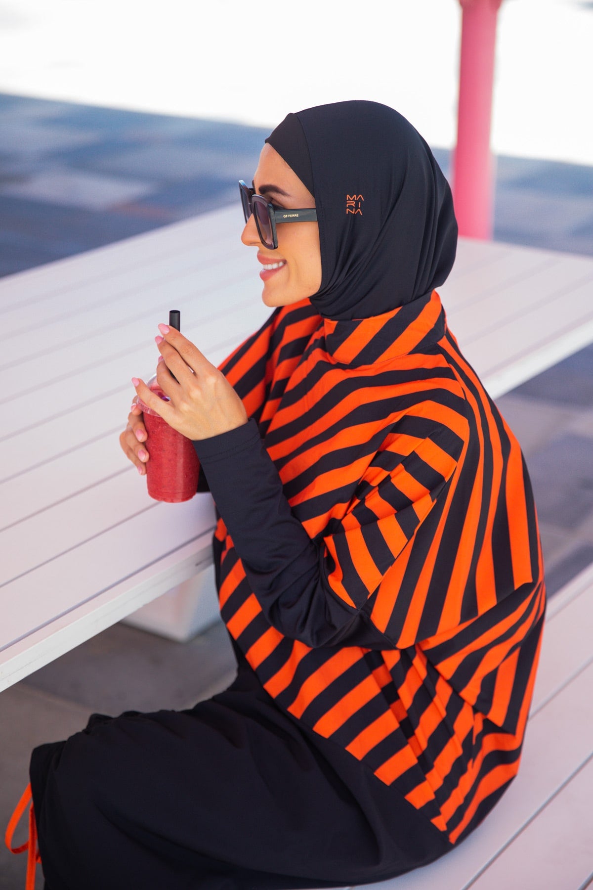 Orange & Black Stripes Parachute Burkini Swimwear with Hijab