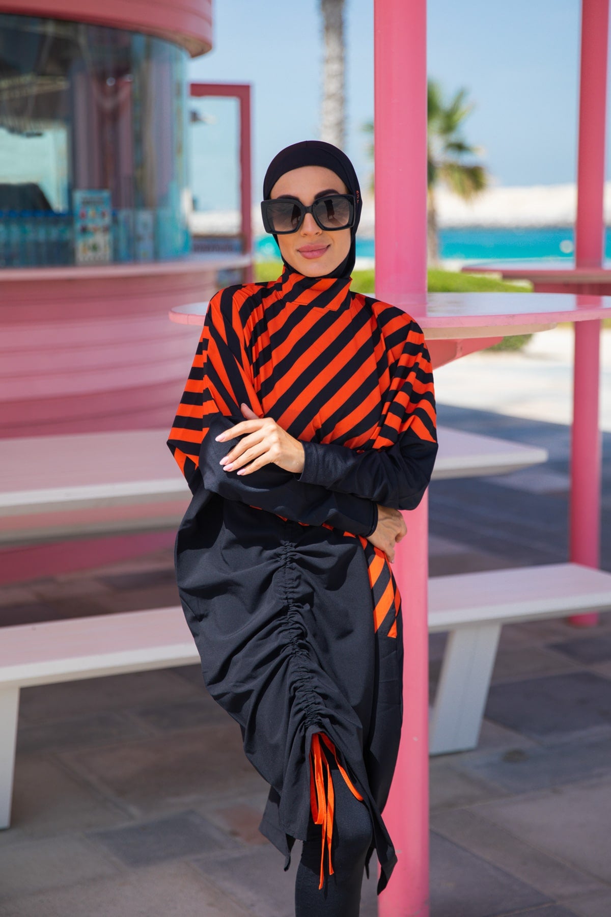 Orange & Black Stripes Parachute Burkini Swimwear with Hijab