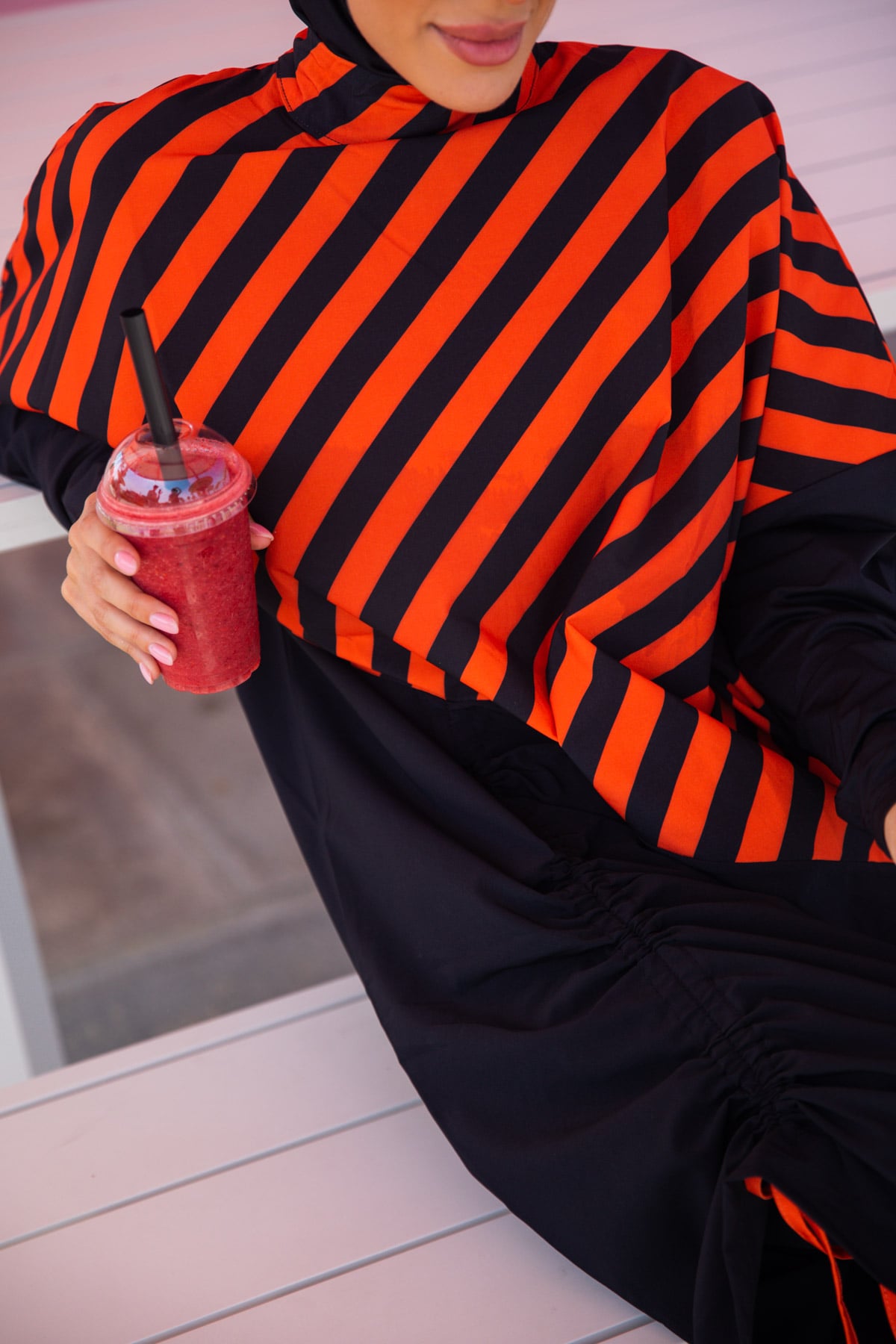 Orange & Black Stripes Parachute Burkini Swimwear with Hijab