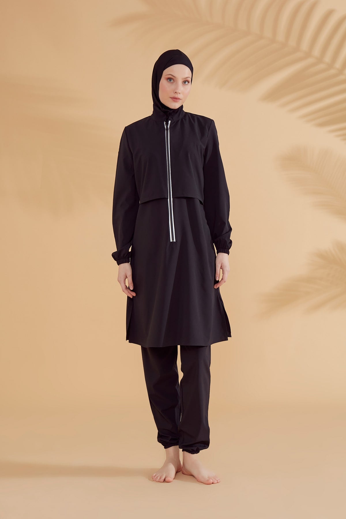 Black with White Front Zip Parachute Full Burkini Swimwear with Hijab