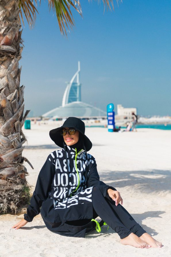 Patterned Black 4-Piece Parachute Full-Coverage Modest Swimwear