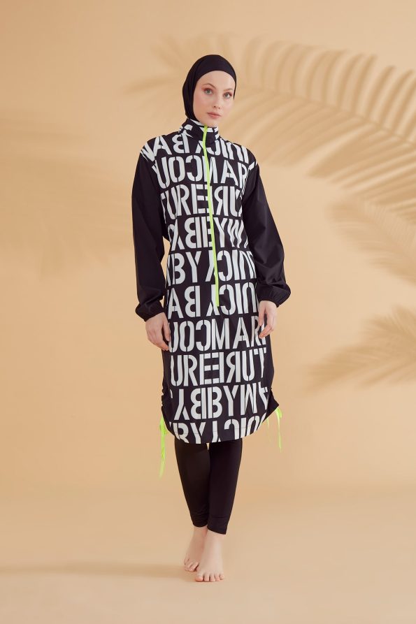 Patterned Black 4-Piece Parachute Full-Coverage Modest Swimwear