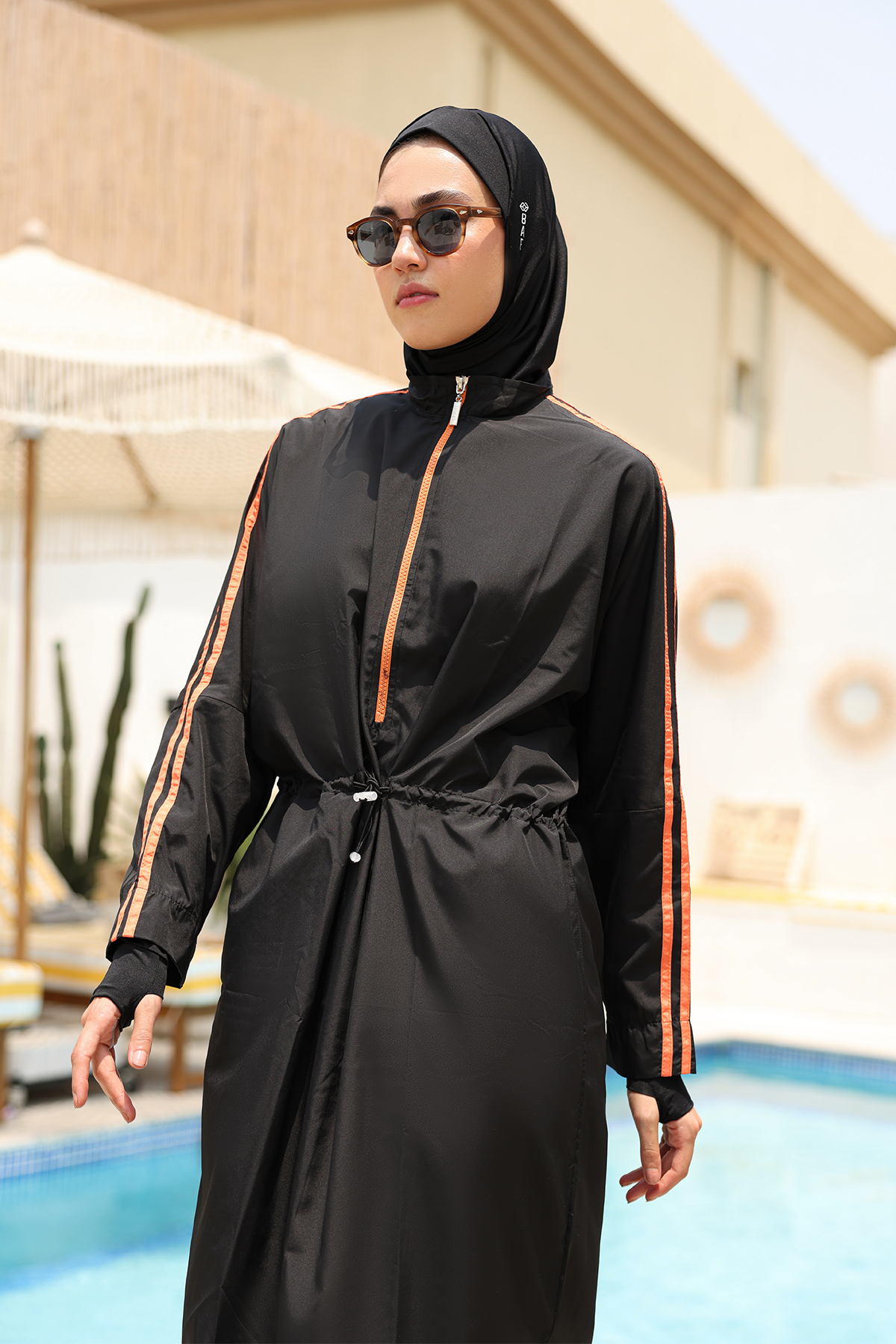 Hayaa+ Black with Orange Stripes Extra Long Burkini