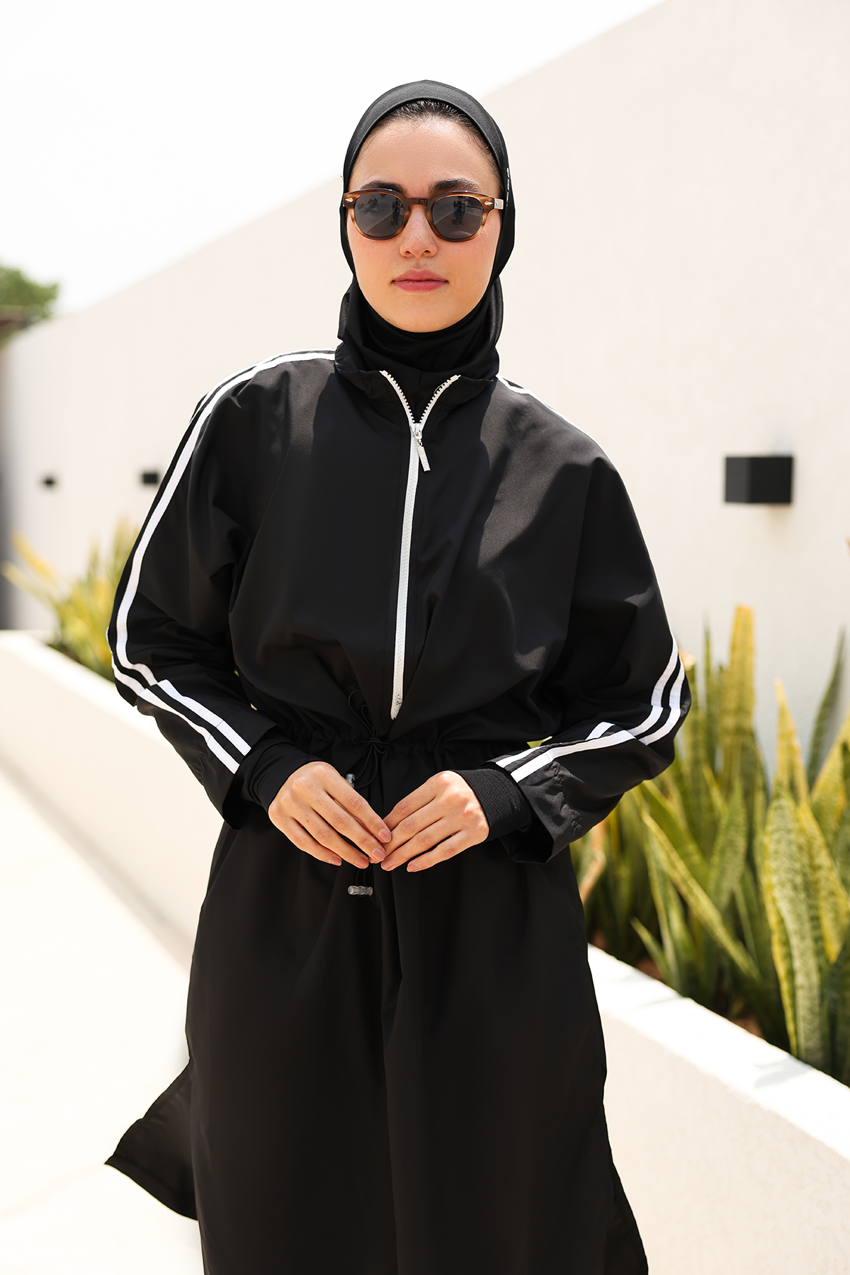 Hayaa+ Black with White Stripes Knee-Length Burkini