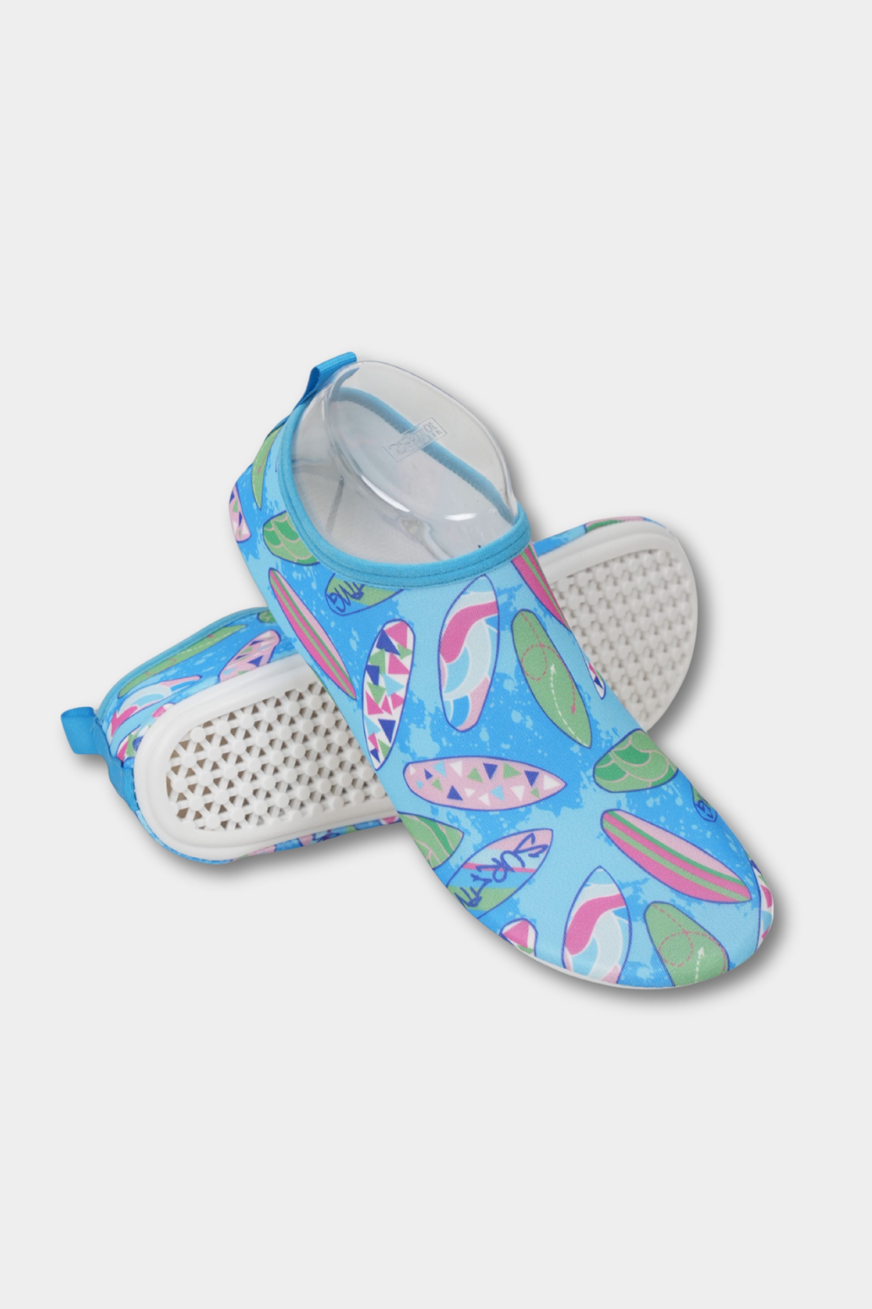 Tropical surfboard beach shoes by BAE Modest with thick soles, quick-dry fabric, and anti-slip water grip for beach and pool activities.