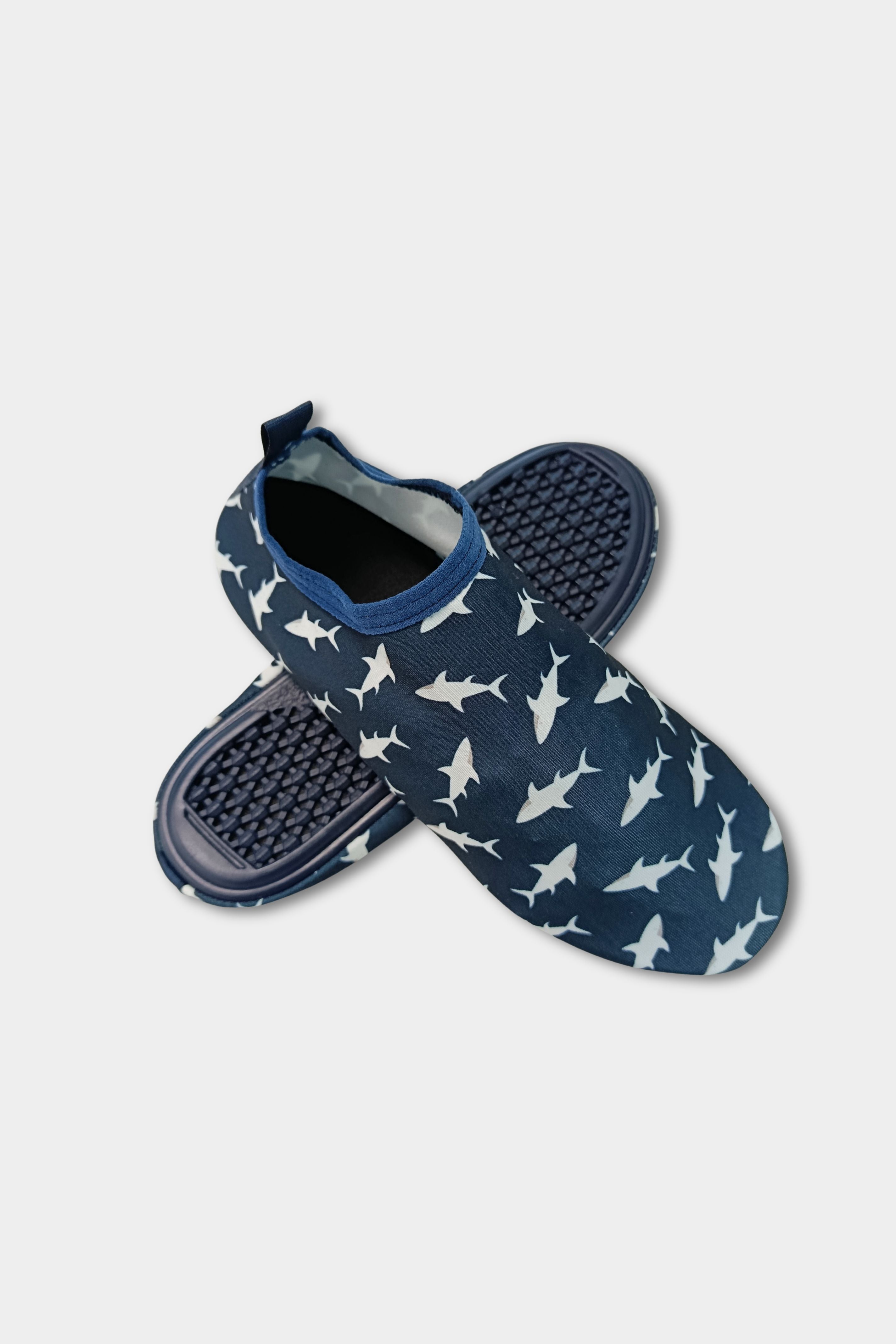 Navy shark-themed beach shoes by BAE Modest with thick soles, quick-dry fabric, and anti-slip sole for beach and pool use.