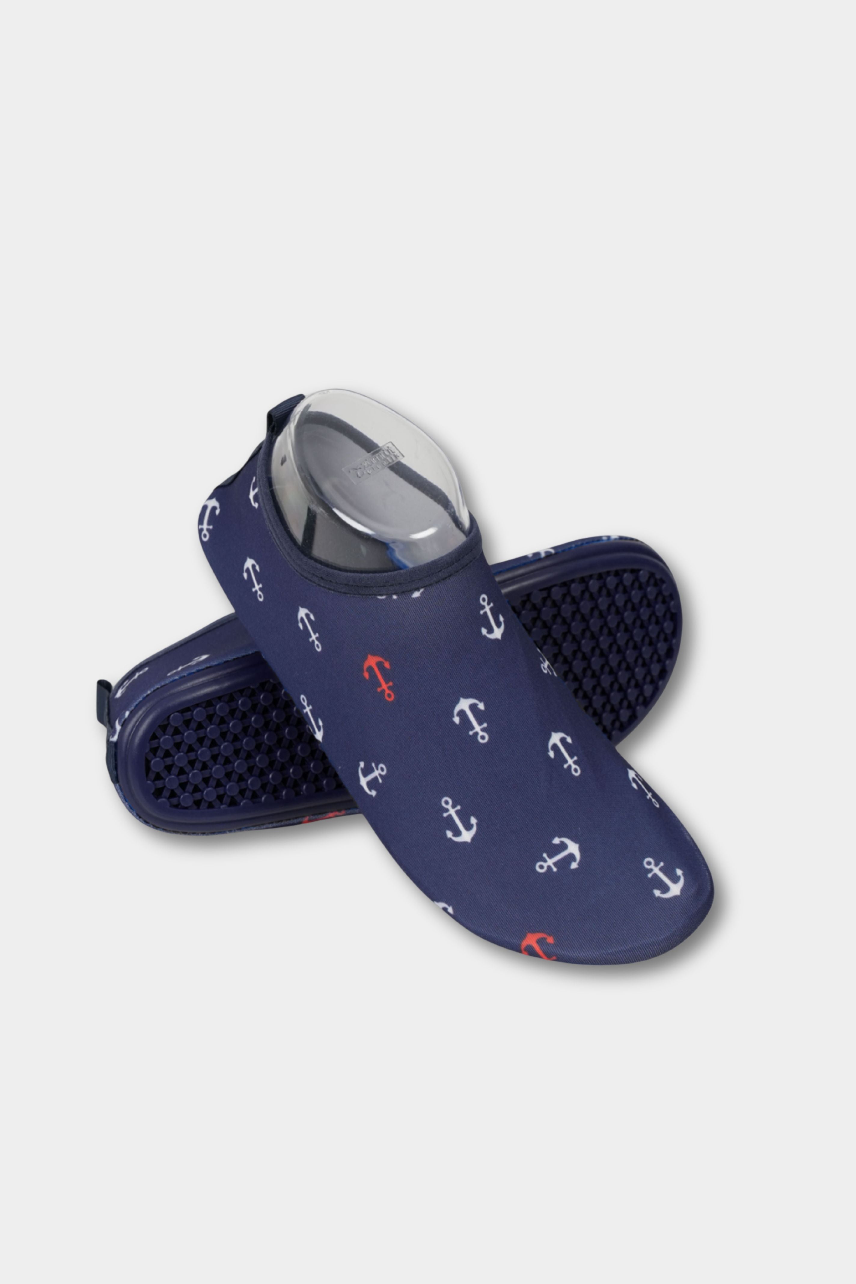 Navy anchor thick sole beach shoes by BAE Modest, quick-dry water shoes with anti-slip soles for beach and pool use.