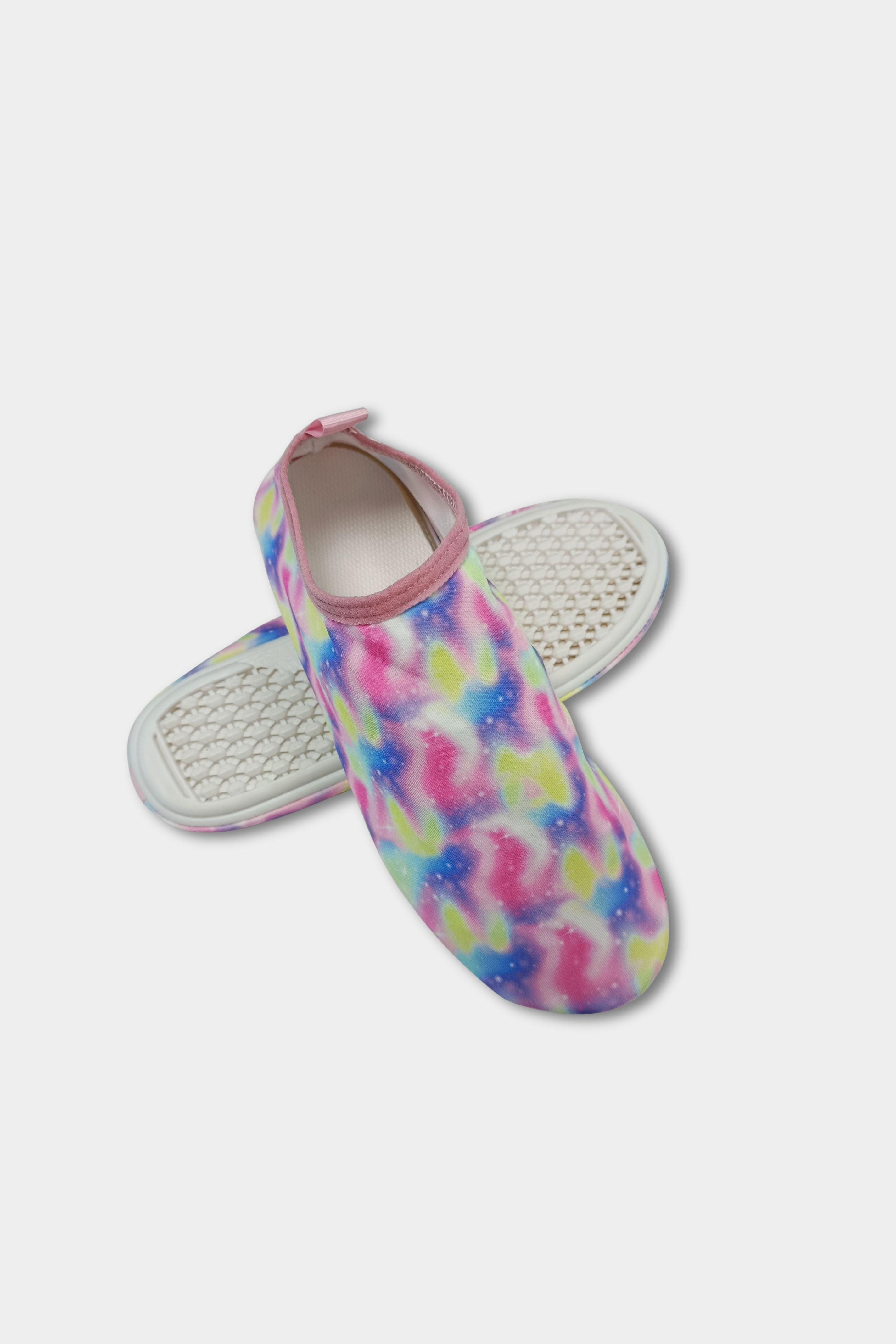 Pastel tie-dye BAE Modest beach shoes with thick soles, quick-dry, anti-slip water shoes ideal for beach and pool use.