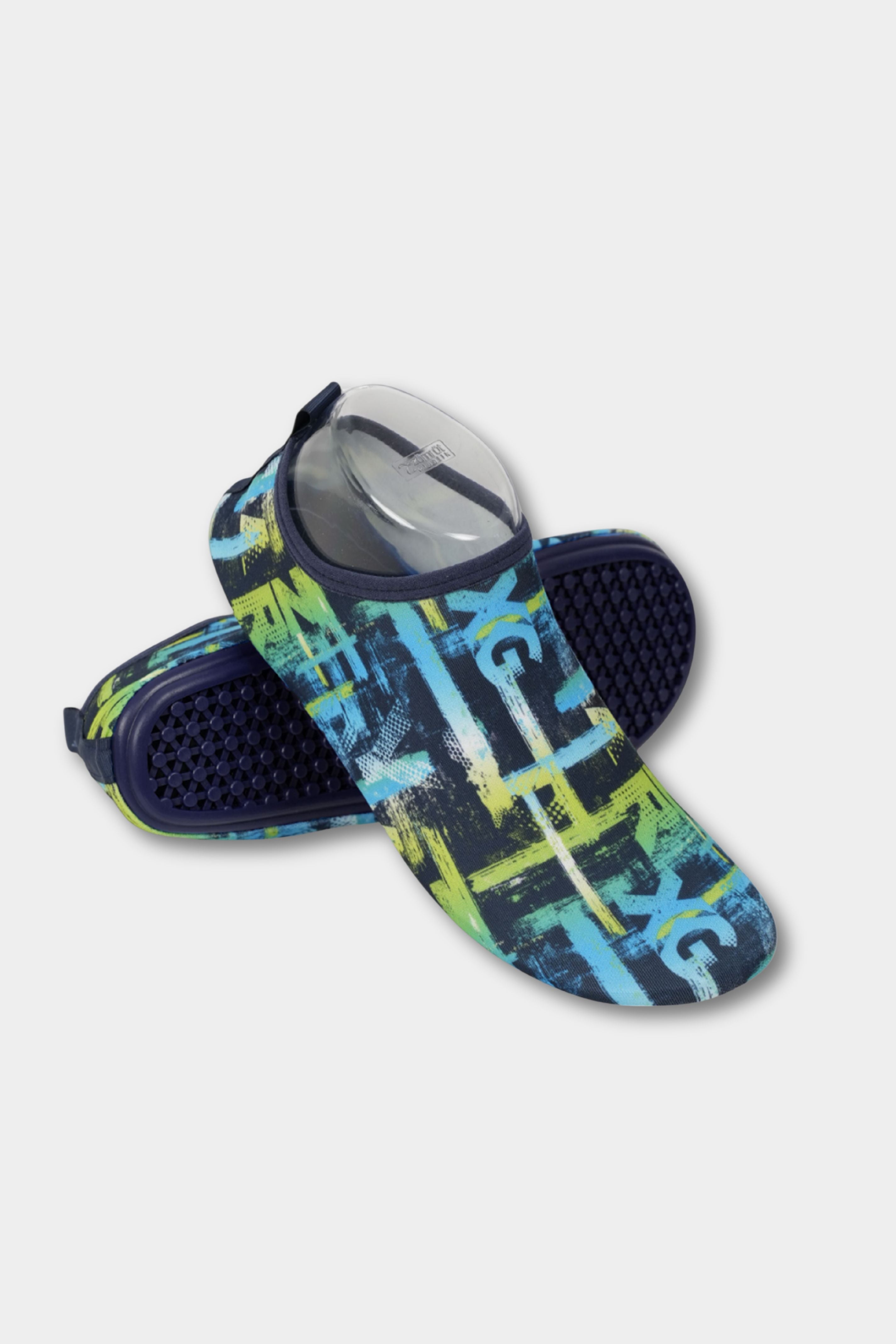 Blue and lime abstract thick sole beach shoes by BAE Modest, quick-dry water shoes with anti-slip sole for beach and pool use.