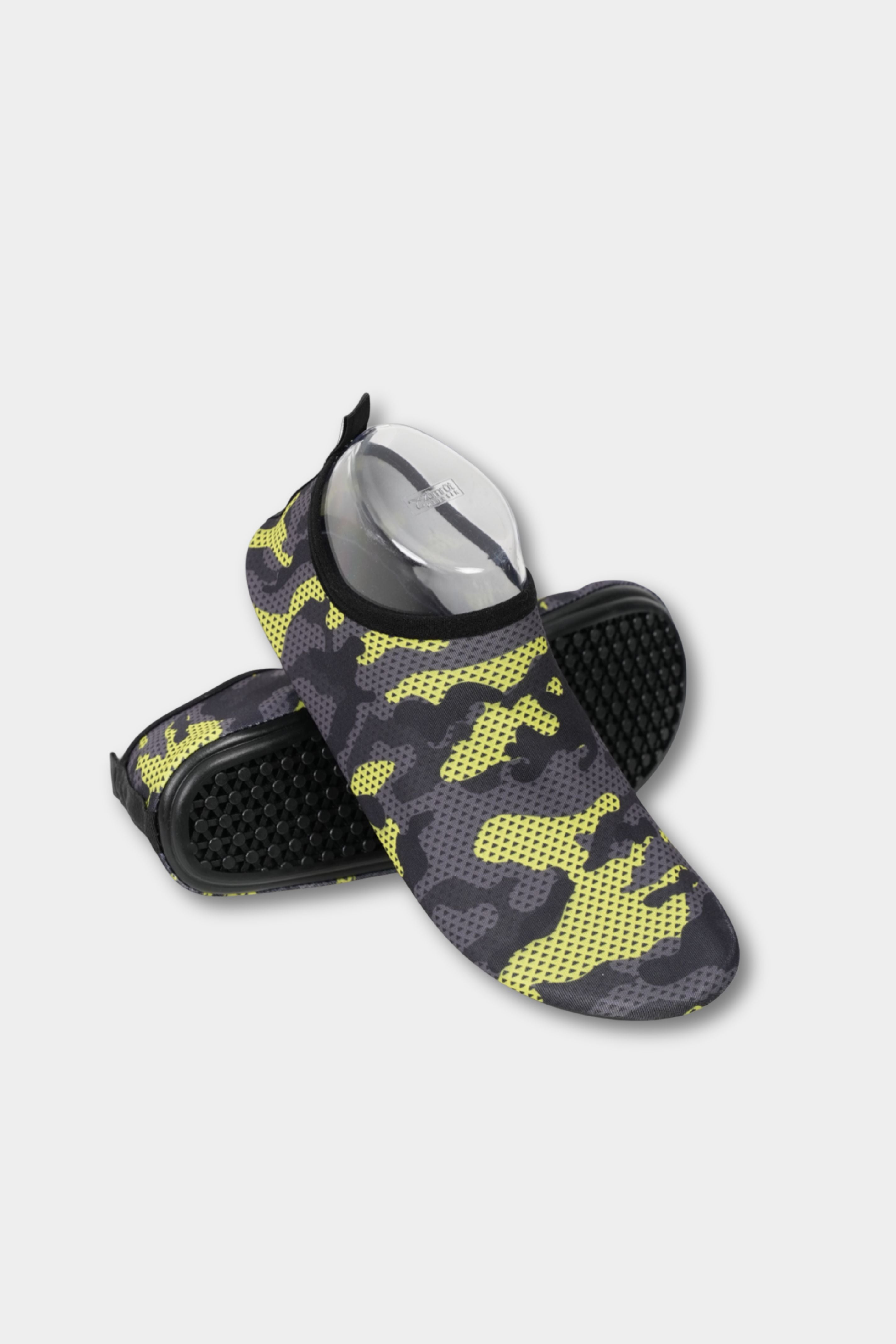 Neon yellow camo beach shoes by BAE Modest with thick soles, quick-dry fabric, and anti-slip sole for beach and pool use.