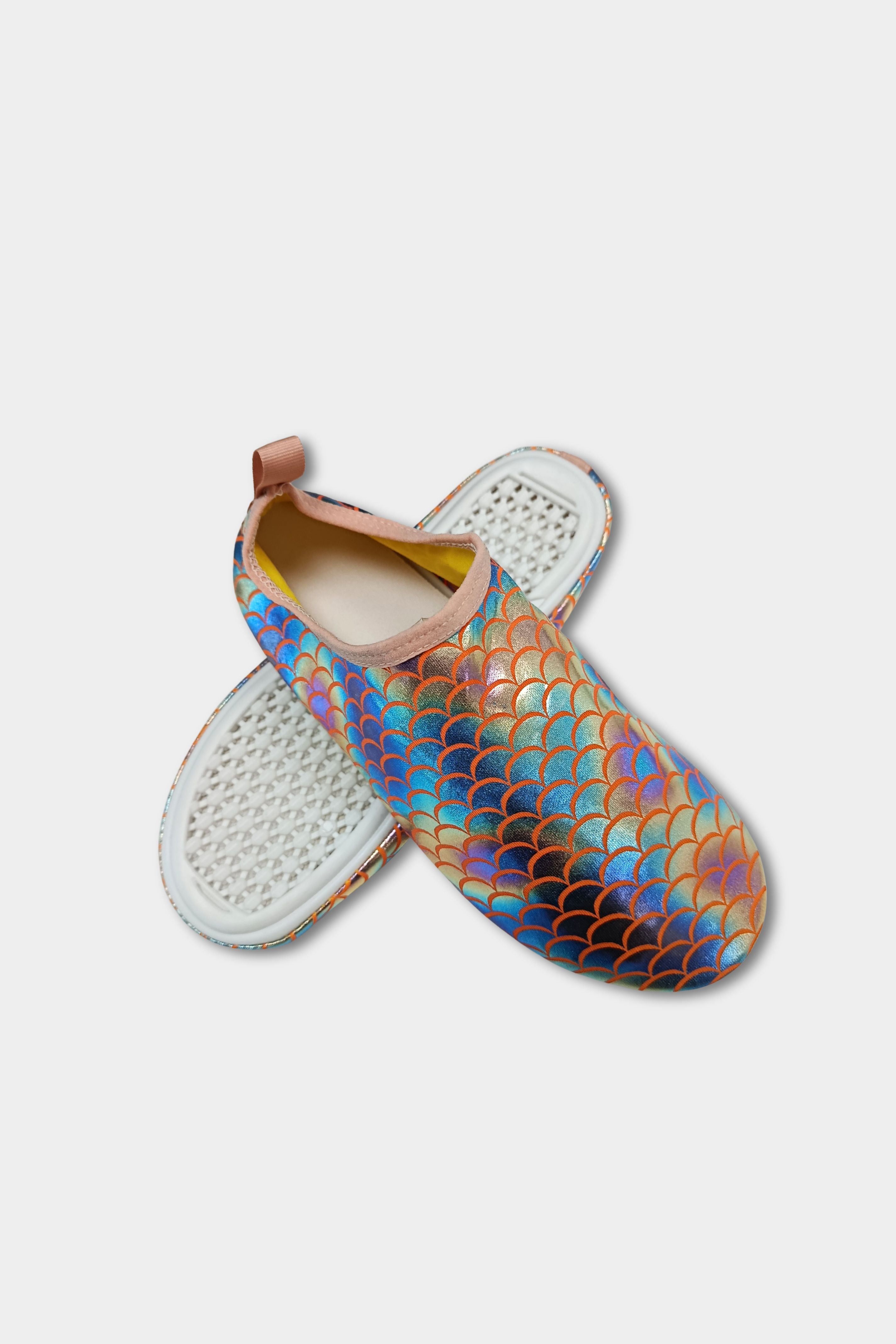 Iridescent orange mermaid-style beach shoes with thick soles, quick-dry and anti-slip water shoes for beach and pool by BAE Modest.