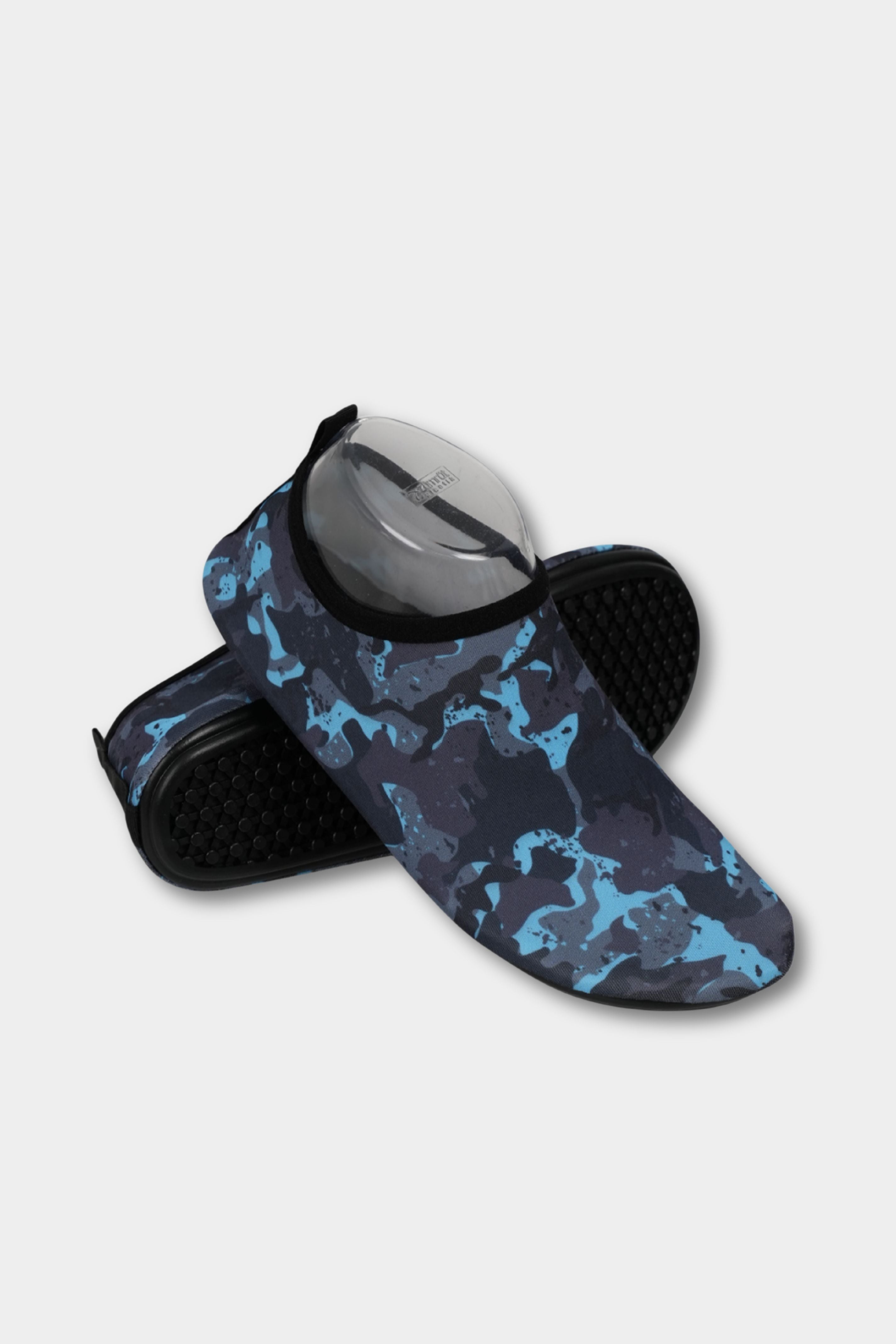 Blue camo BAE Modest beach shoes with thick soles, quick-dry fabric, and anti-slip sole for water sports, beach, and pool activities.