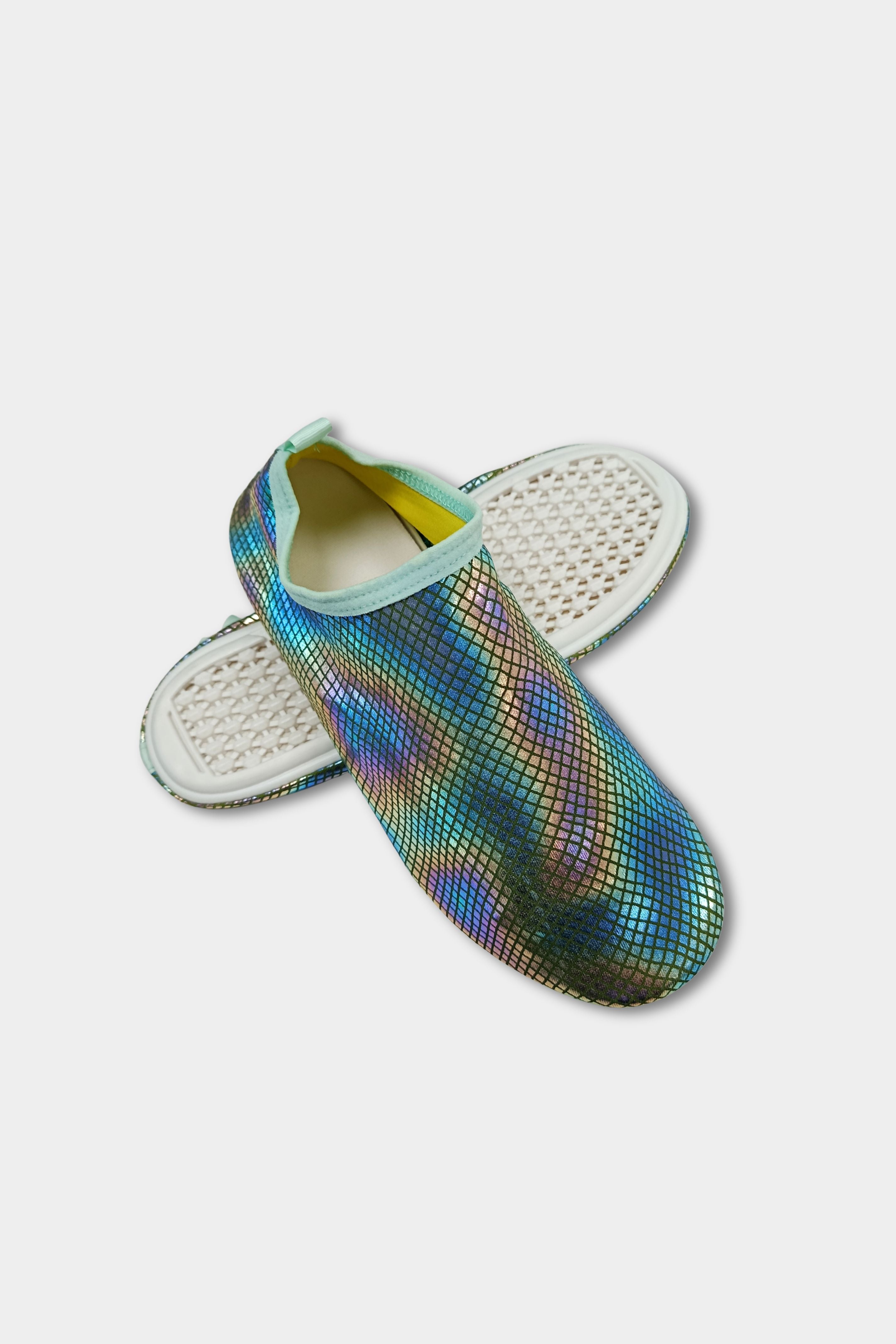 Iridescent mermaid-style beach shoes by BAE Modest with thick soles, quick-dry, anti-slip water shoes for beach and pool use.