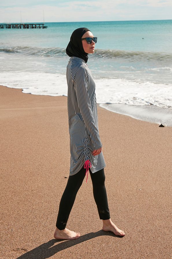 White & Black Stripes 4-Piece Lycra Full-Coverage Modest Swimwear