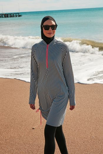 White & Black Stripes 4-Piece Lycra Full-Coverage Modest Swimwear