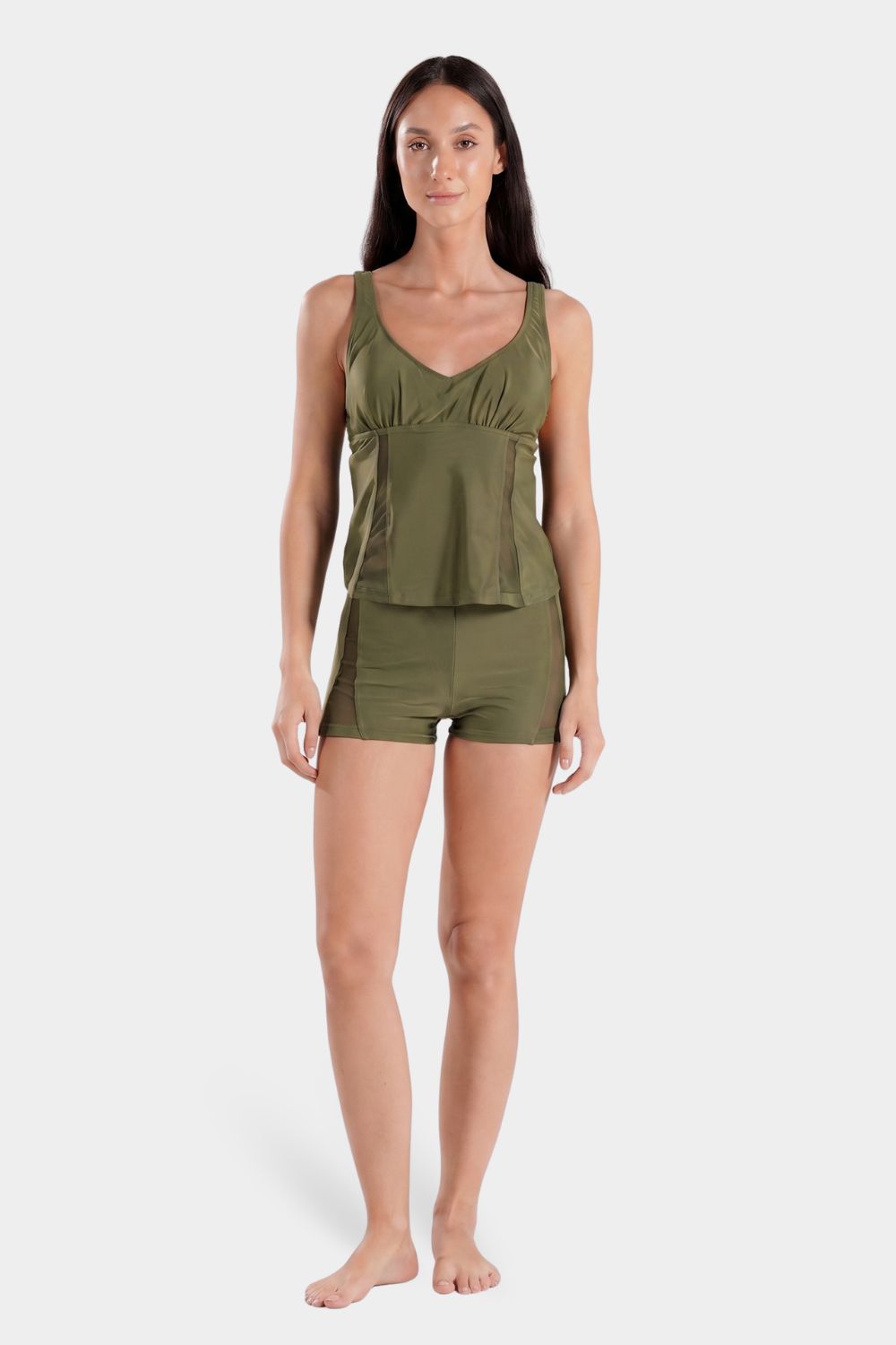 Green BAE Modest two-piece tankini set with matching shorts and mesh side panels, perfect for modest swimwear.