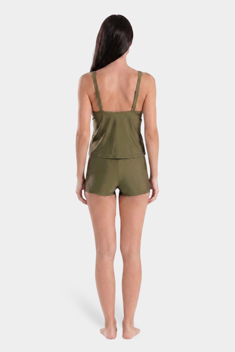 Green BAE Modest two-piece tankini set with matching shorts and mesh side panels, designed for modest swimwear.