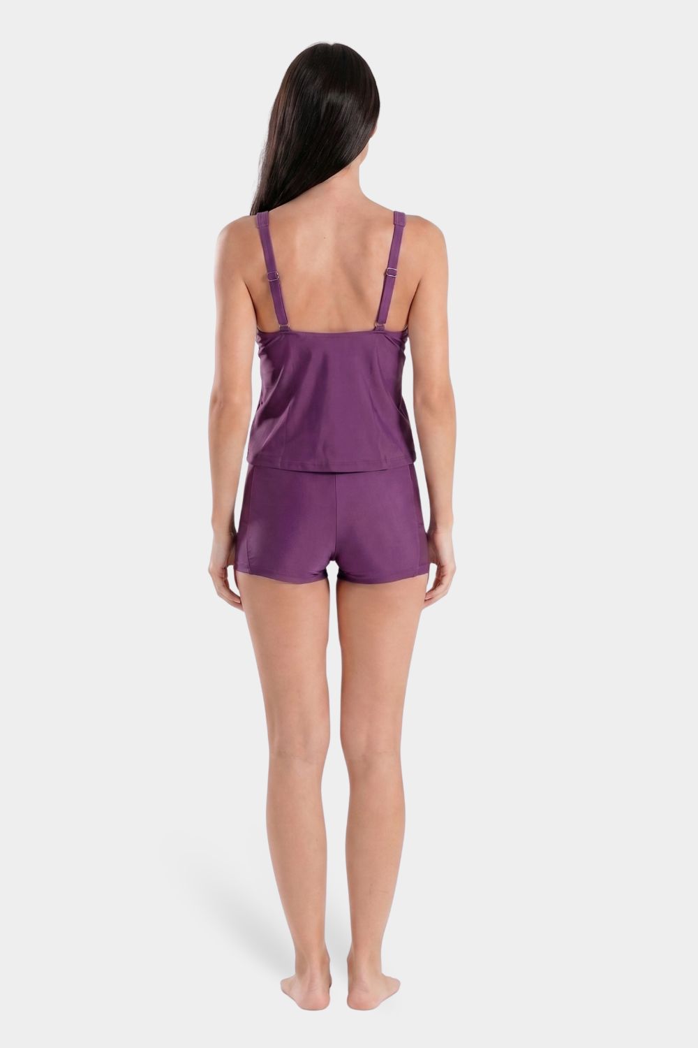 Purple BAE Modest two-piece tankini set with matching shorts and mesh side panels, designed for modest swimwear.