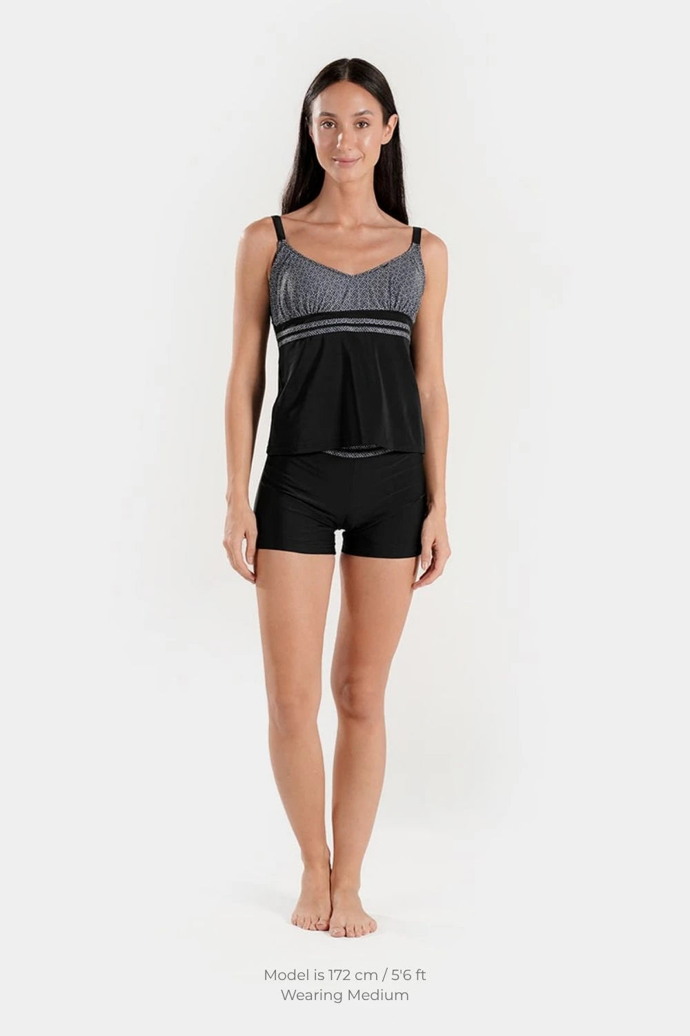 Full coverage BAE Modest tankini with high-waisted shorts, stylish and comfortable swimwear for active beach or pool days.