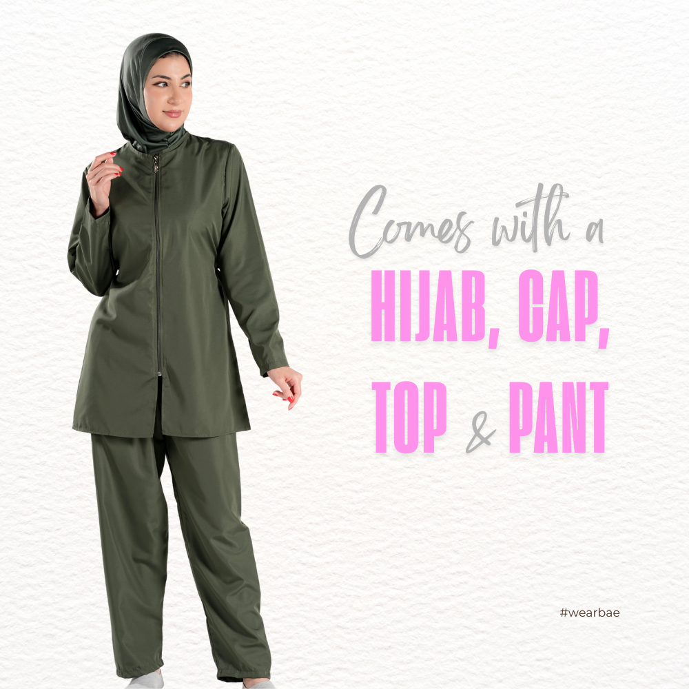 BAE Modest women's mid-length burkini with full sleeves, solid color swimwear and matching hijab for modest swimming.