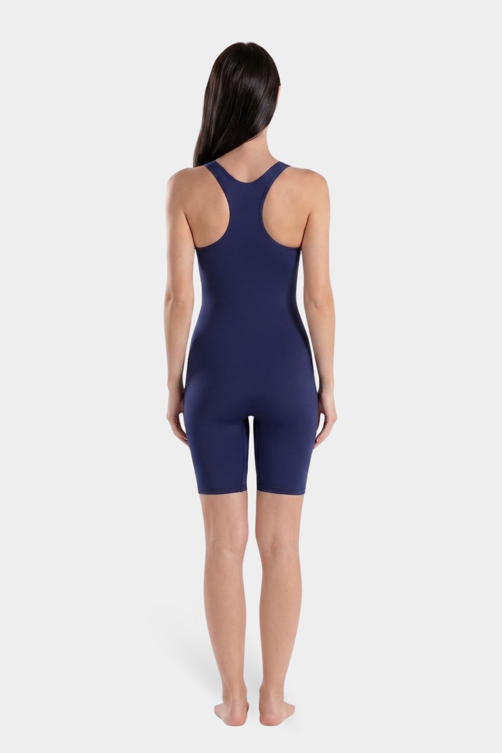 Navy women's slimming side-panel swimsuit by BAE Modest with supportive design and modest coverage, ideal for swimming.