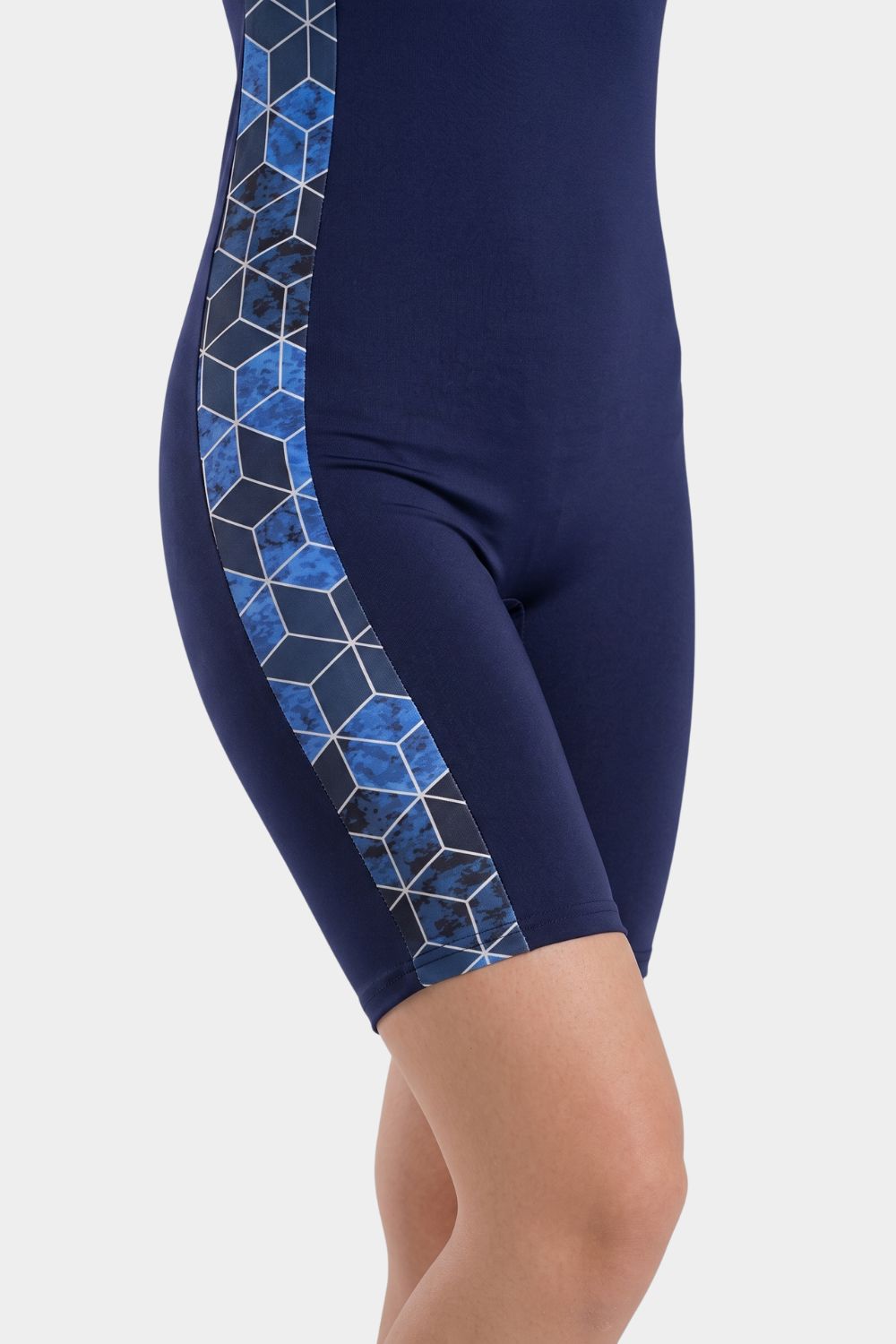 Navy women's slimming side-panel swimsuit by BAE Modest, featuring a fitted design and supportive straps.