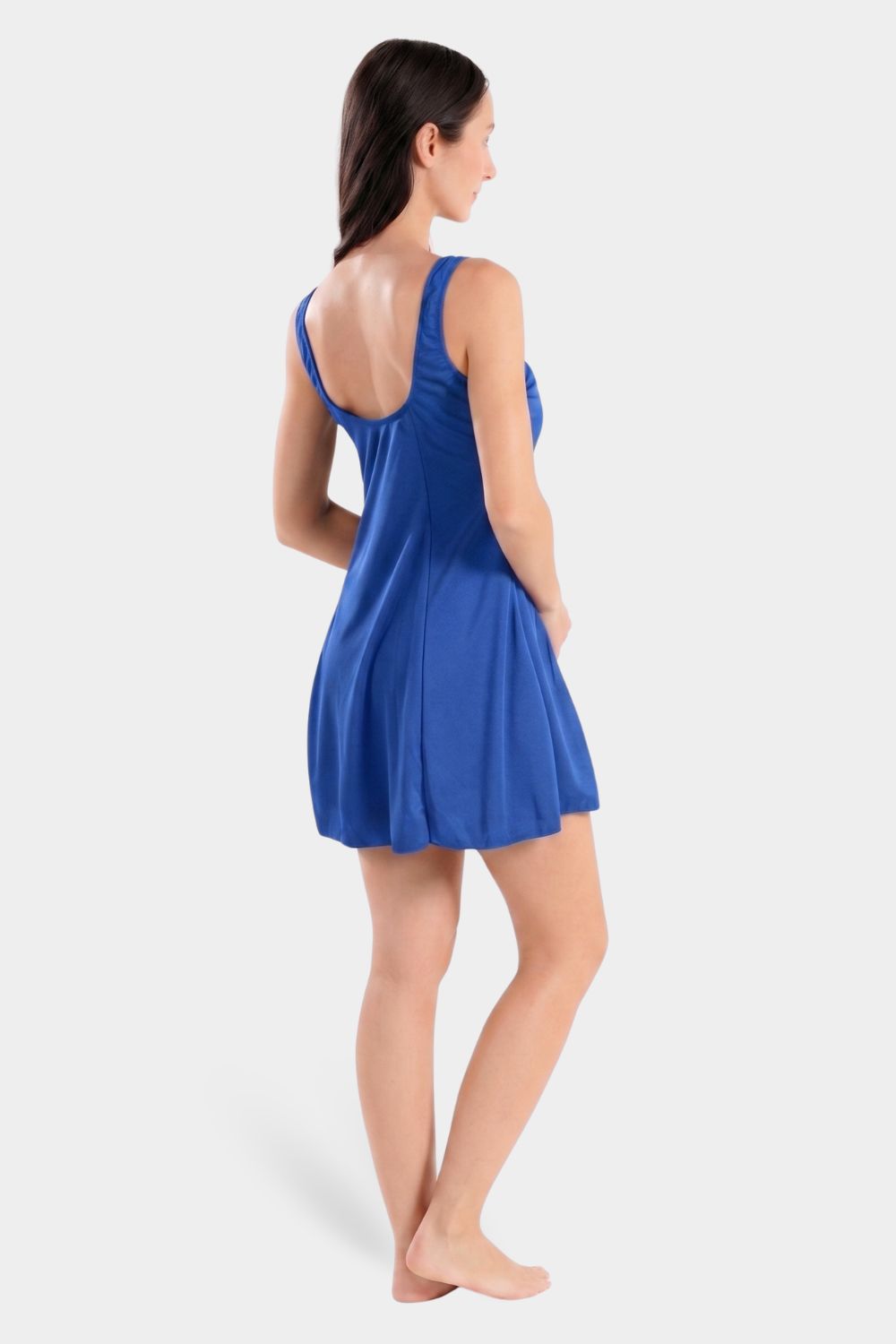 Blue women's modest swim dress with built-in shorts by BAE Modest, featuring a full-coverage design for comfortable swimming.