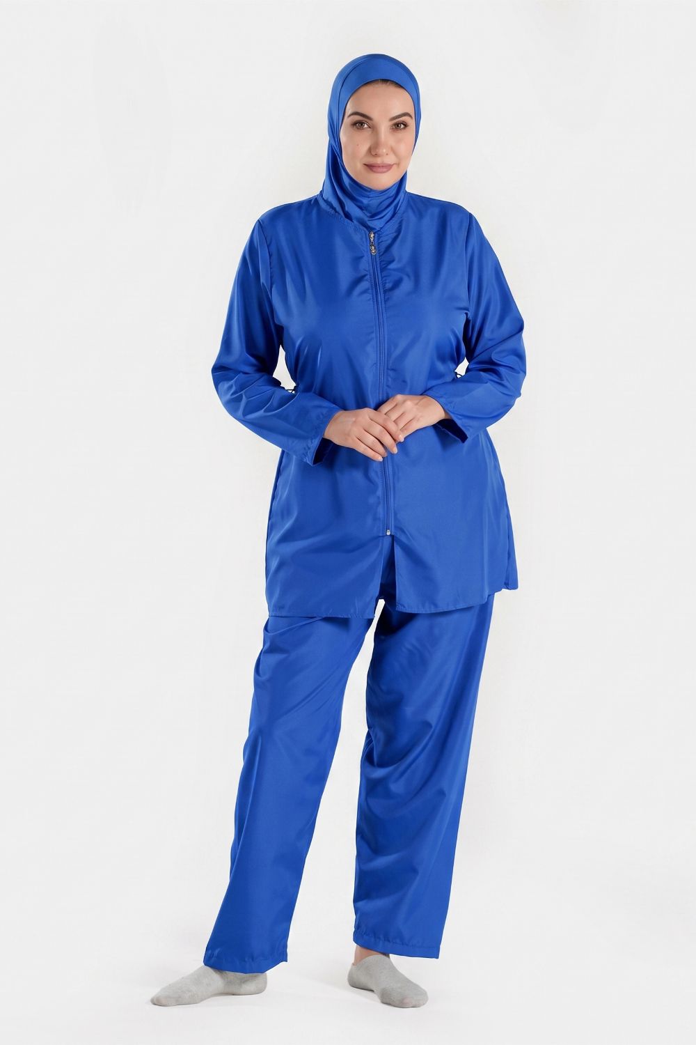 Blue BAE Modest women's burkini with full sleeves, modest swimwear, hijab, plus size 3XL-5XL, suitable for modest swimming.