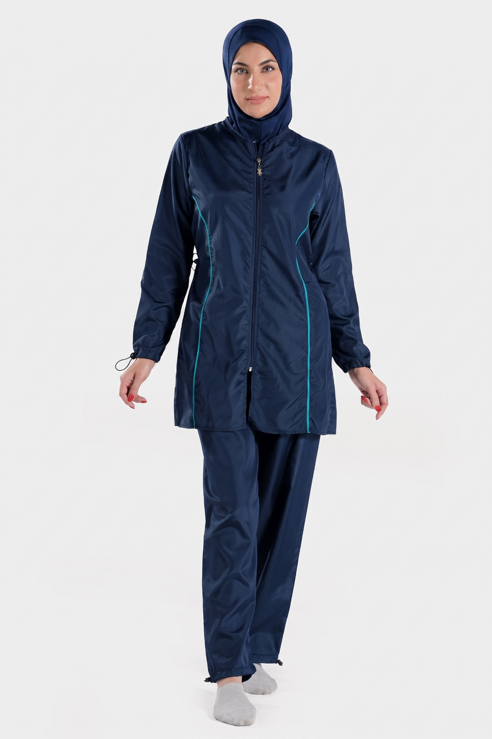 Navy blue BAE Modest burkini swimsuit with half-length sleeves and hijab, designed for modest swimming and full coverage.