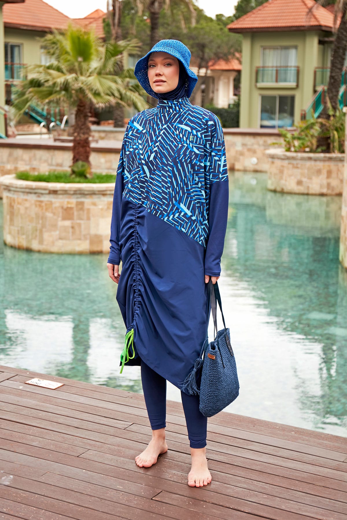 Printed Blue Woven 4-Piece Parachute Full-Coverage Modest Swimwear