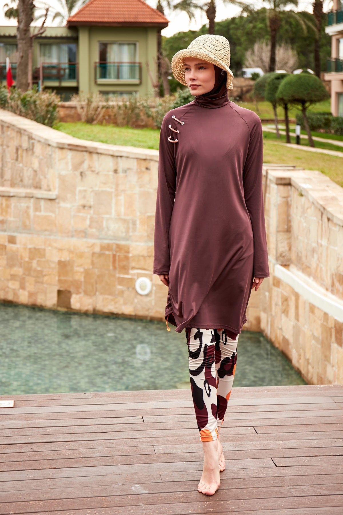 Lycra Brown Fully Covered Hijab Swimsuit Burkini