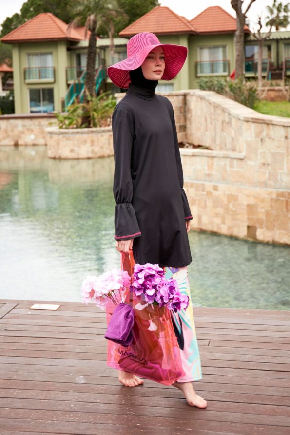 Black & Pink Patterned 4-Piece Lycra Full-Coverage Modest Swimwear