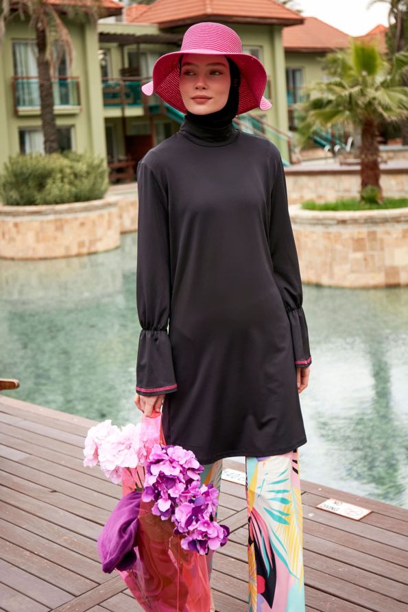 Black & Pink Patterned 4-Piece Lycra Full-Coverage Modest Swimwear