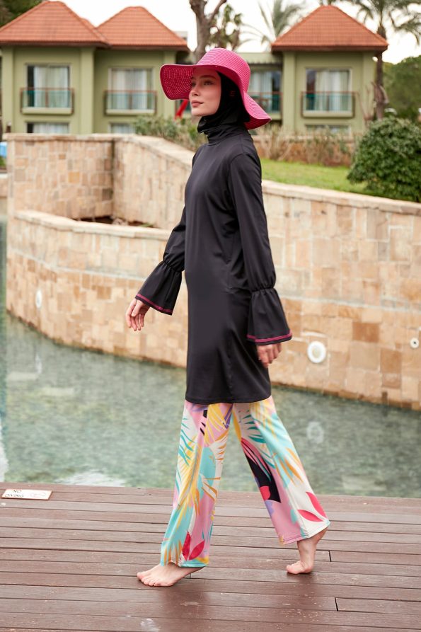 Black & Pink Patterned 4-Piece Lycra Full-Coverage Modest Swimwear