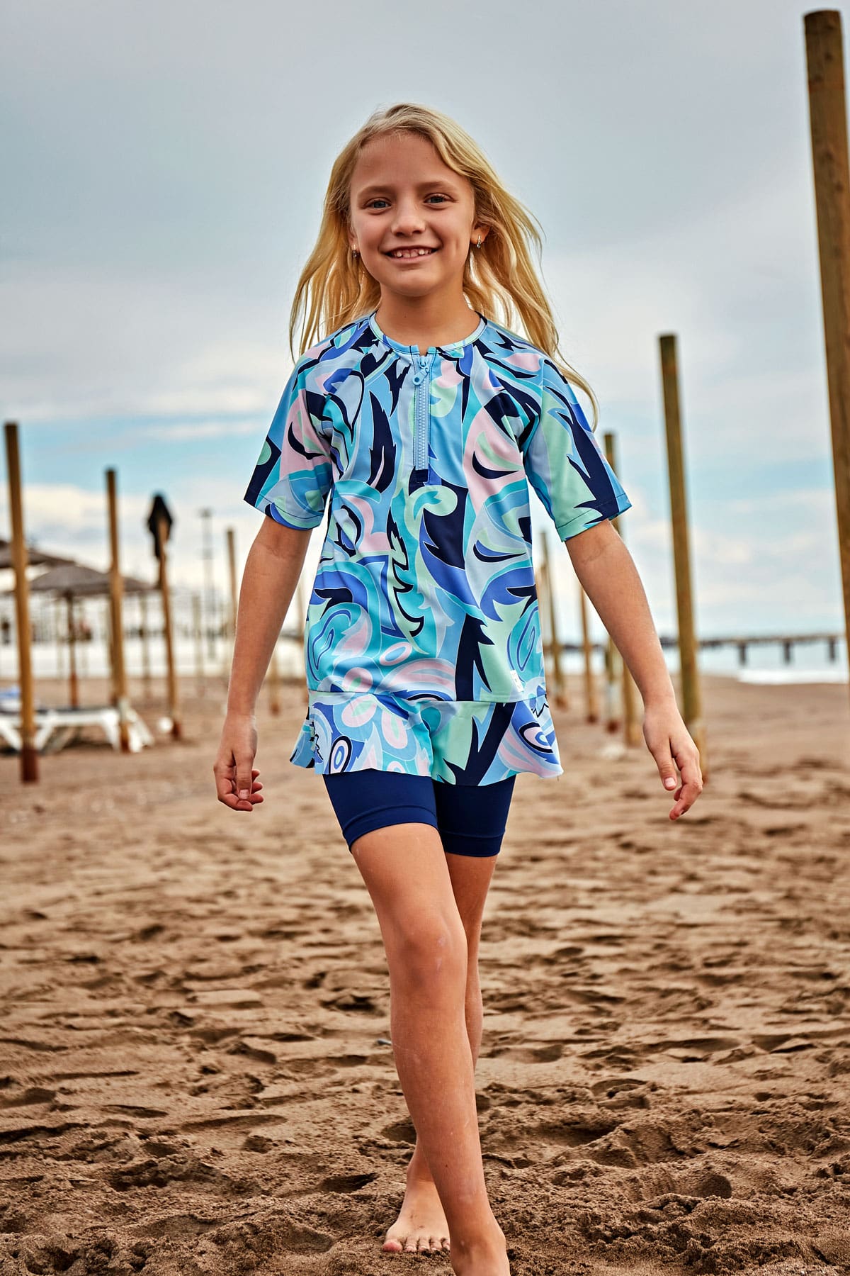 Navy Blue Aqua Elegant Girls Swimwear