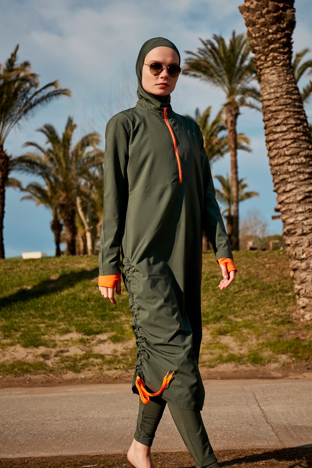 Green & Orange 4-Piece Parachute Full-Coverage Modest Swimwear with Hijab