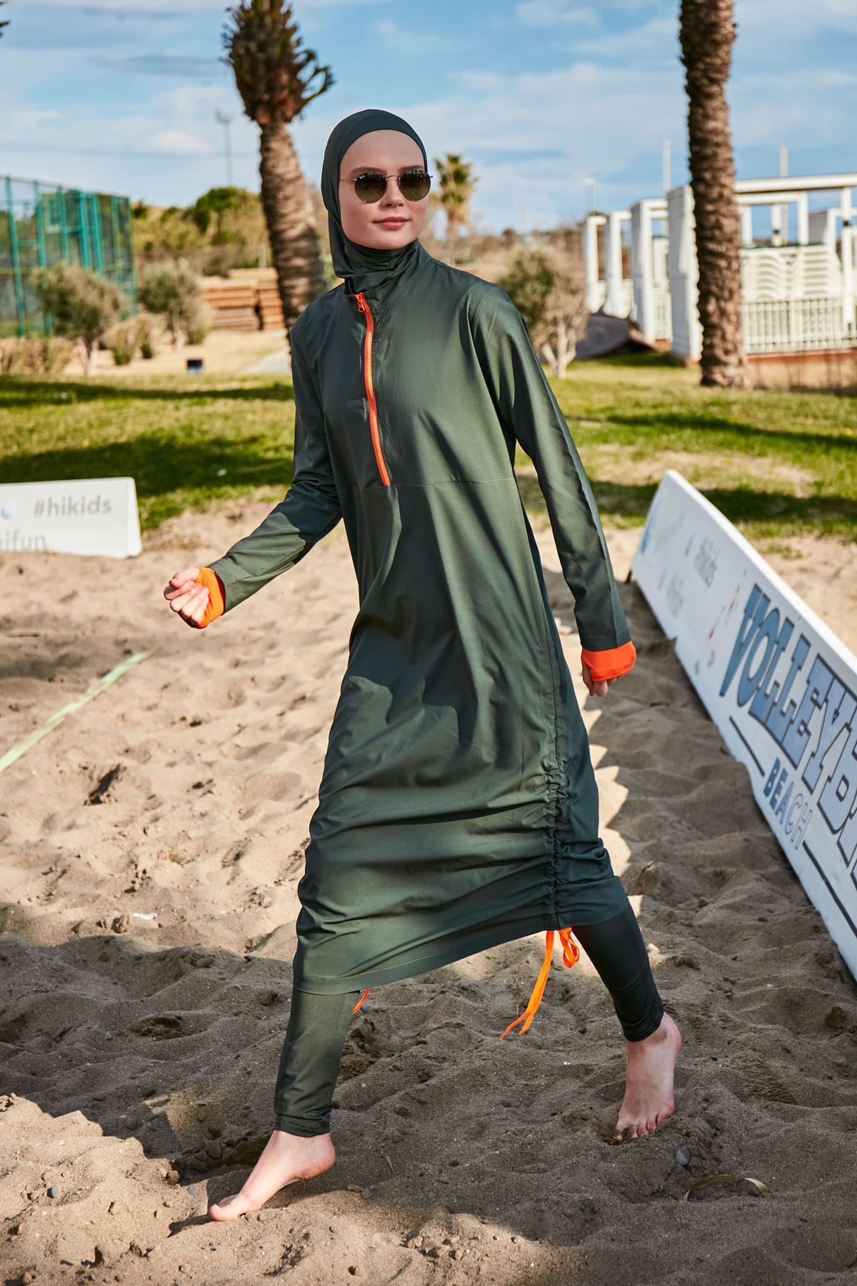 Green & Orange 4-Piece Parachute Full-Coverage Modest Swimwear with Hijab