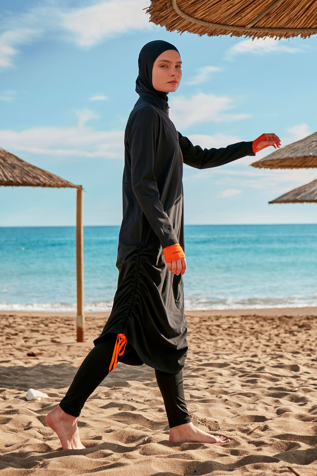 Black & Orange 4-Piece Parachute Full-Coverage Modest Swimwear with Hijab