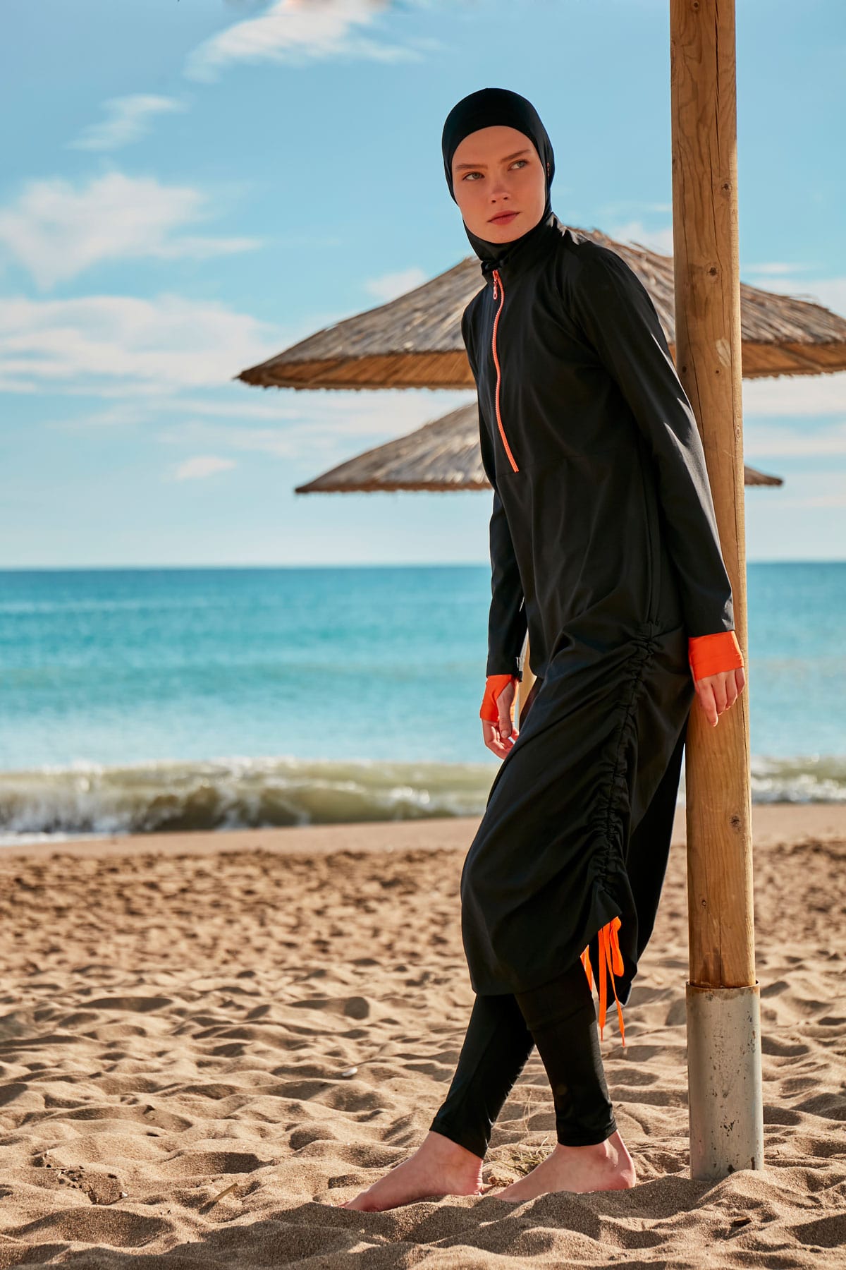 Black & Orange 4-Piece Parachute Full-Coverage Modest Swimwear with Hijab