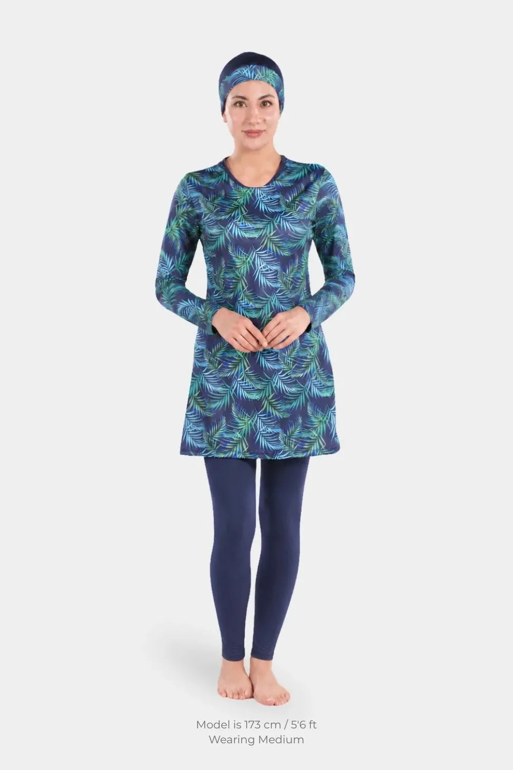 Women's leaf print lycra swimwear with long sleeves by BAE Modest, designed for modest swim coverage.