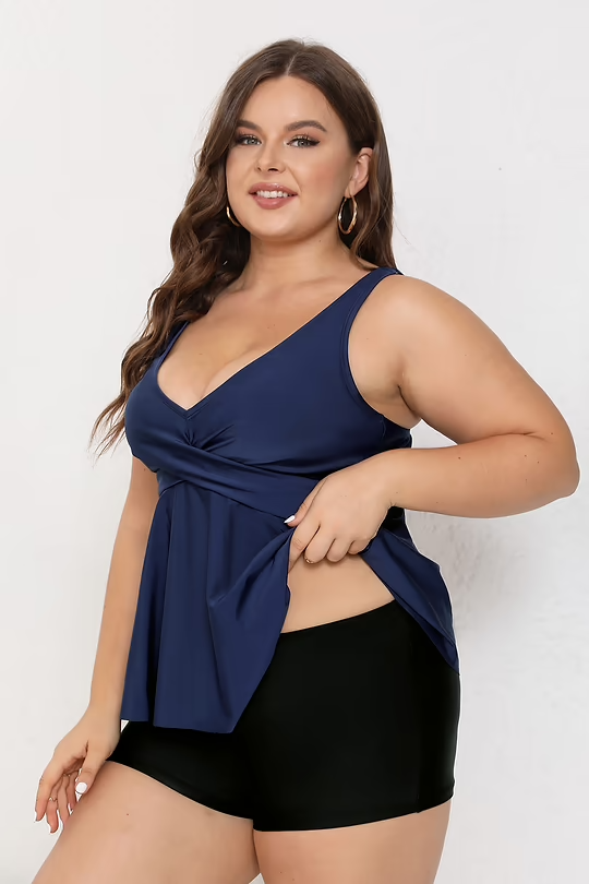 BAE Blue Wrapped Tankini Top & Black High-Rise Boy Shorts Set