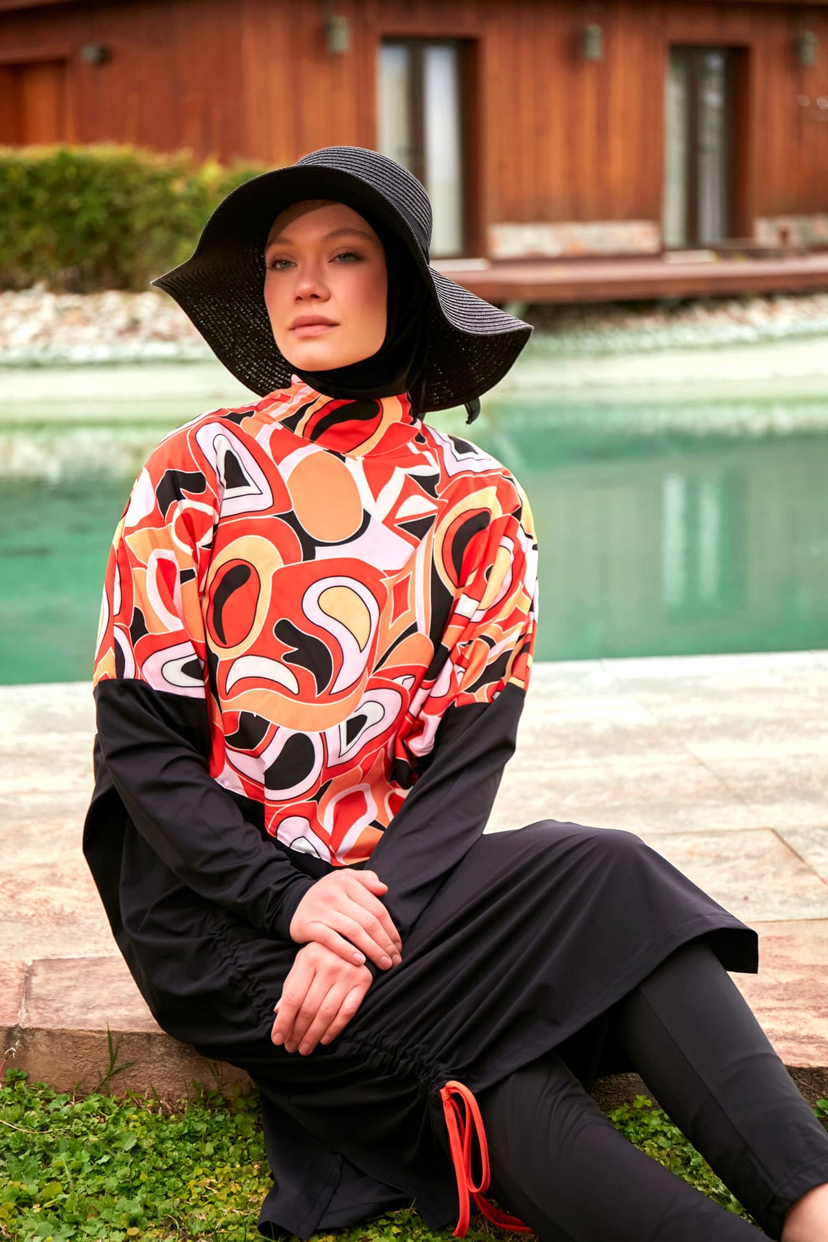 Orange & Black Abstract Parachute Burkini Swimwear with Hijab - BAE - Before Anything Else
